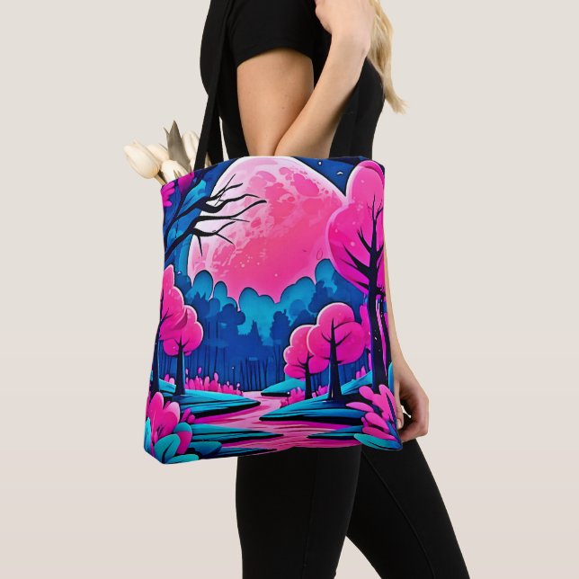 Pink Moonlit Forest Art Tote Bag (Close Up)
