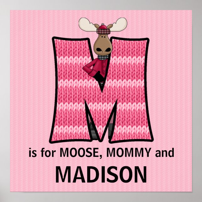 Pink Moose Monogram Letter M Baby Room Poster (Front)