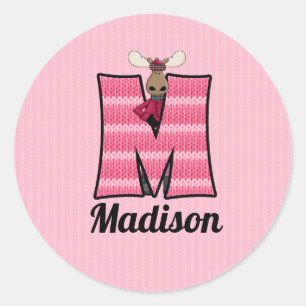 Pink Moose Monogram Letter M Classic Round Sticker