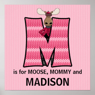 Pink Moose Monogram "M" Baby Room Poster