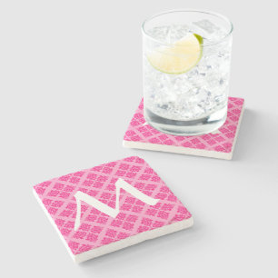 Pink Moroccan Damask with Monogram Stone Coaster