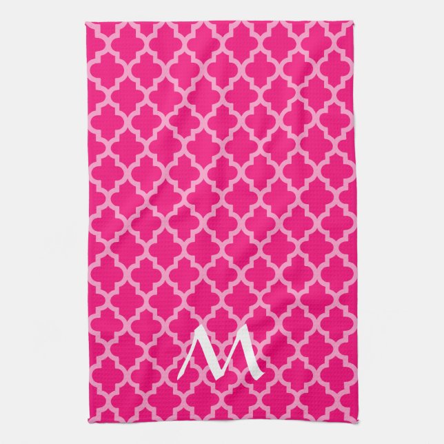 Pink Moroccan Moods Quatrefoil with Initial Kitchen Towel (Vertical)