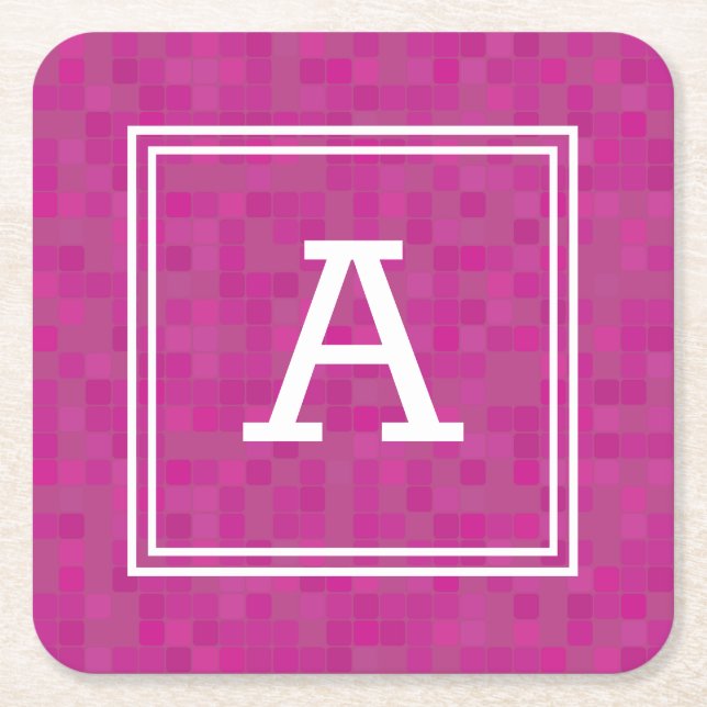Pink mosaic pixels personalized monogram  square paper coaster (Front)