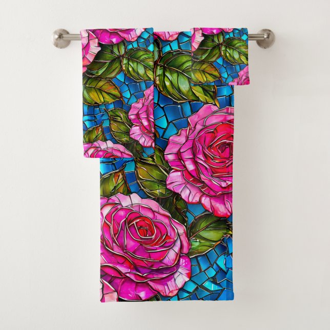 Pink mosaic roses  bath towel set (Insitu)