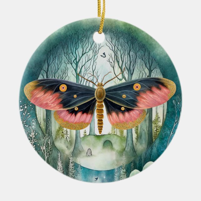 Pink Moth Forest Night Ceramic Ornament (Front)