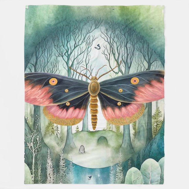 Pink Moth Forest Night Fleece Blanket (Front)