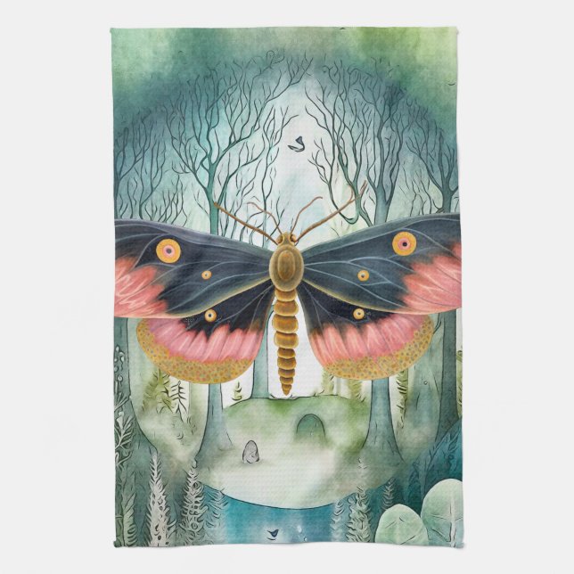 Pink Moth Forest Night Kitchen Towel (Vertical)