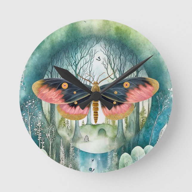 Pink Moth Forest Night Round Clock (Front)