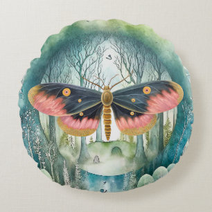 Pink Moth Forest Night Round Pillow