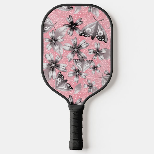 Pink Moth Meadow with monogram  Pickleball Paddle (Back)