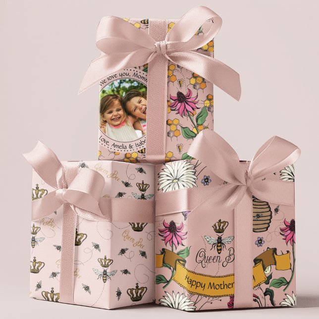 Pink Mothers Day Custom Kids Photo Royal Queen Bee Wrapping Paper Sheet (3 Pretty Hand-Drawn Mother's Day Royal Queen Bee Patterns in Pink. Custom Photo & Personal Messages)