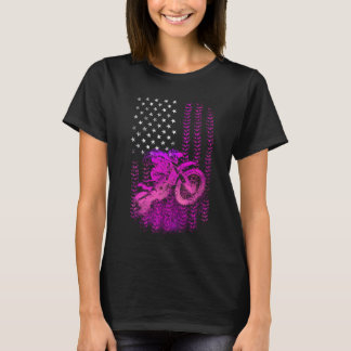 Pink Motocross Girl with Tire Track Ameriacn Flag T-Shirt