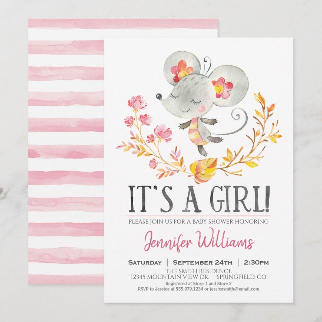 Pink Mouse Baby Shower Girl Invitation (Front/Back)
