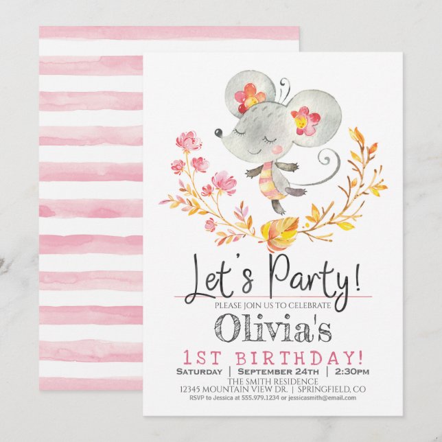 Pink Mouse Girl Birthday Party Invitation (Front/Back)