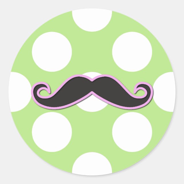 Pink Moustache, Curl Moustache, Stache, Polka Dots Classic Round Sticker (Front)