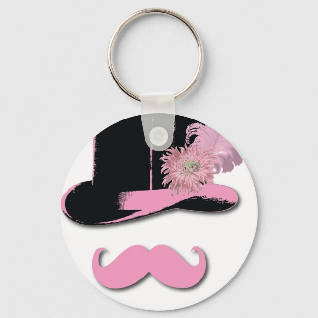 Pink moustache, top hat, feathers, and flower keychain (Front)