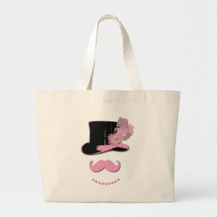 Pink moustache, top hat, feathers, and flower large tote bag