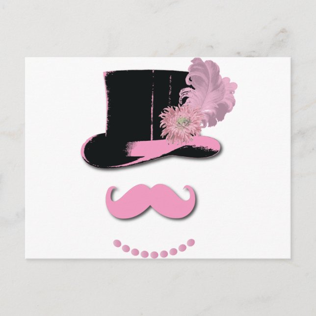 Pink moustache, top hat, feathers, and flower postcard (Front)