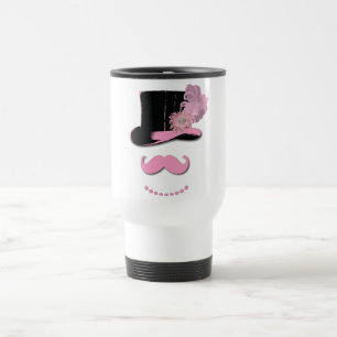 Pink moustache, top hat, feathers, and flower travel mug