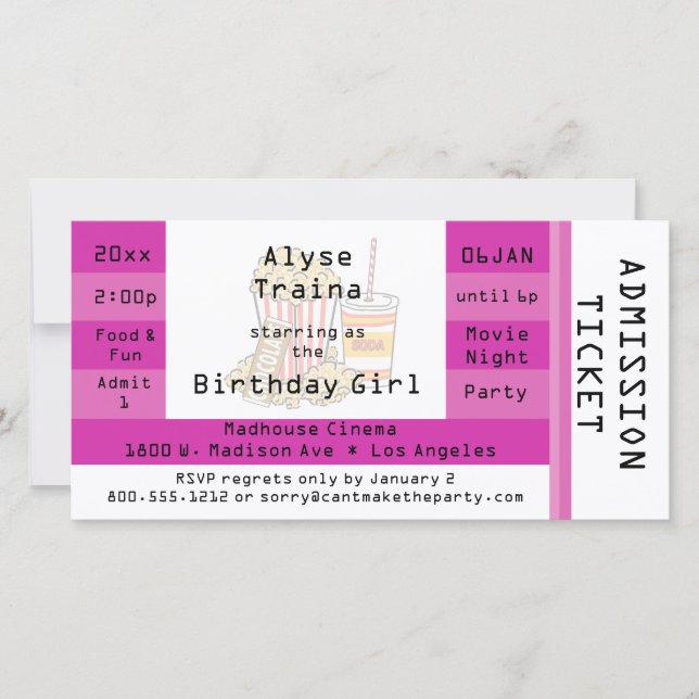 Pink Movie Night Party Admission Ticket Invite (Front)