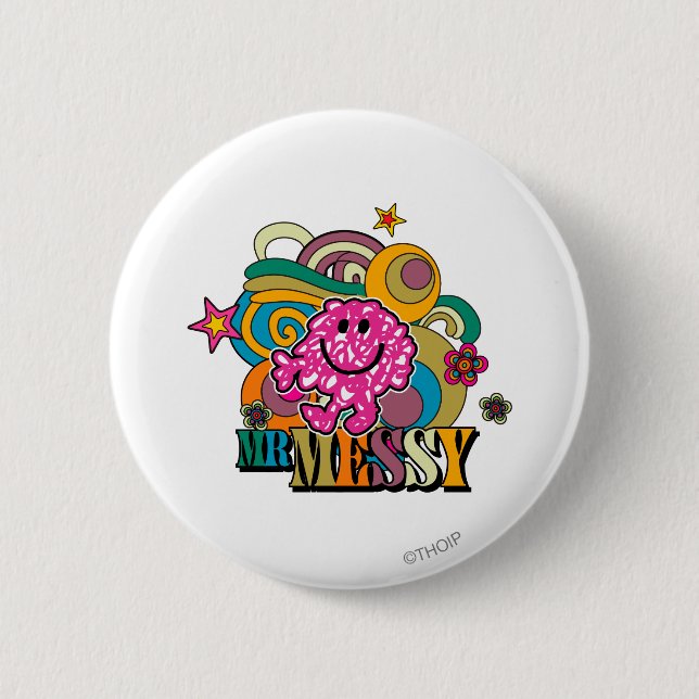 Pink Mr. Messy | Colourful Swirls & Stars 2 Inch Round Button (Front)