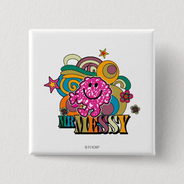 Pink Mr. Messy | Colourful Swirls & Stars 2 Inch Square Button (Front)