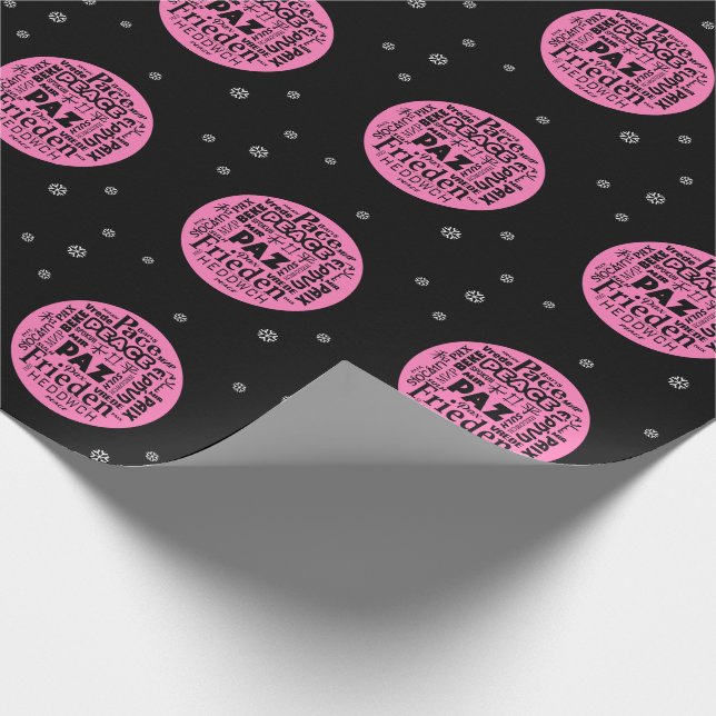 Pink Multilingual Peace wrapping paper on black (Corner)