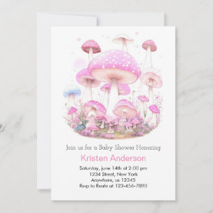 Pink Mushroom Blissful Forest Girl Baby Shower Invitation