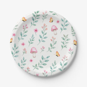 Pink Mushroom Floral Butterfly Paper Plate