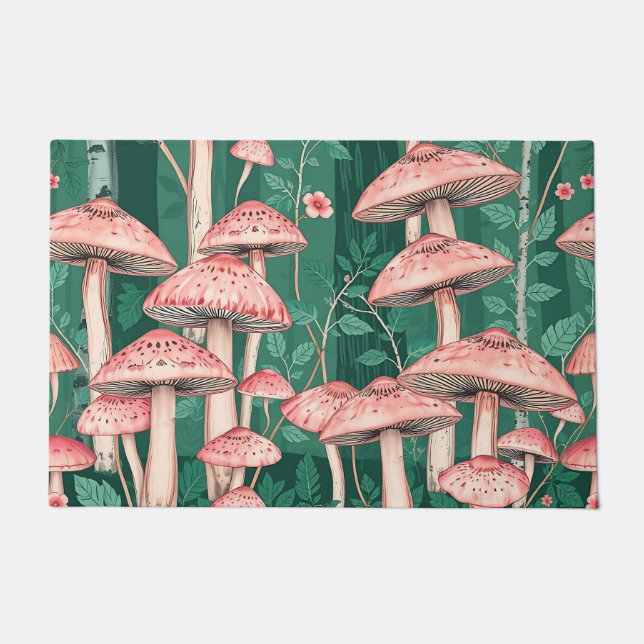 Pink Mushroom Forest Pattern Woodland Naturecore  Doormat (Front)
