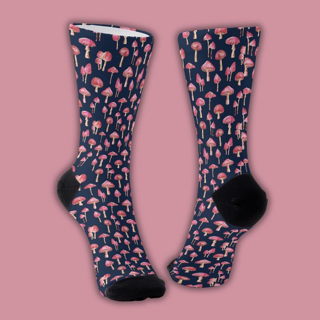 Pink mushroom pattern socks (Pink mushroom navy blue patterned socks)