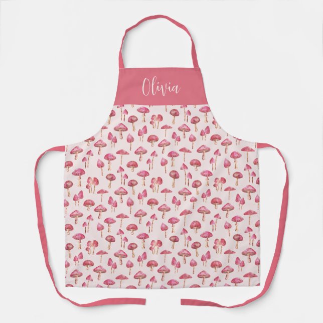 Pink mushroom watercolour personalized apron (Front)