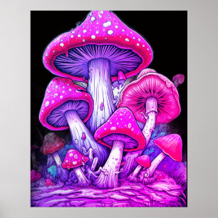Pink Mushrooms On a Black Background on a Wall Poster