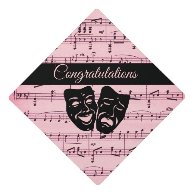 Pink Music and Theatre Masks Graduation Cap Topper (Front)