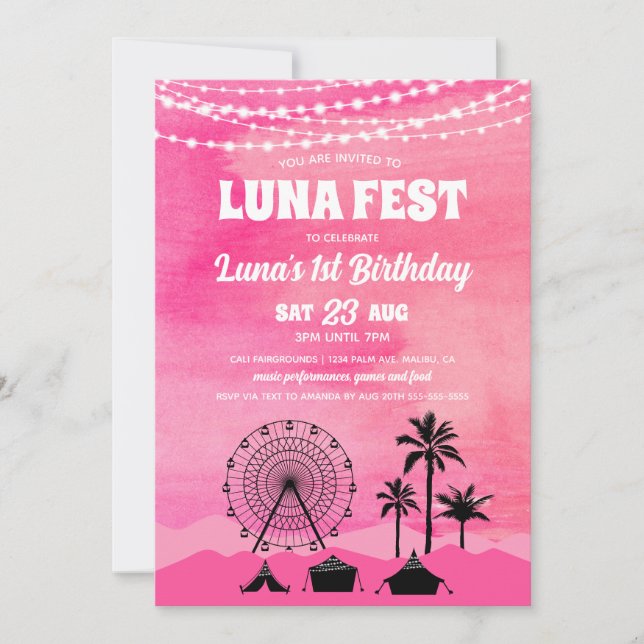 Pink Music Festival Birthday Invitation (Front)