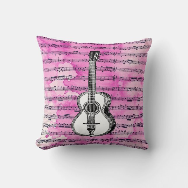 Pink Music Notes Guitar Throw Pillow (Front)
