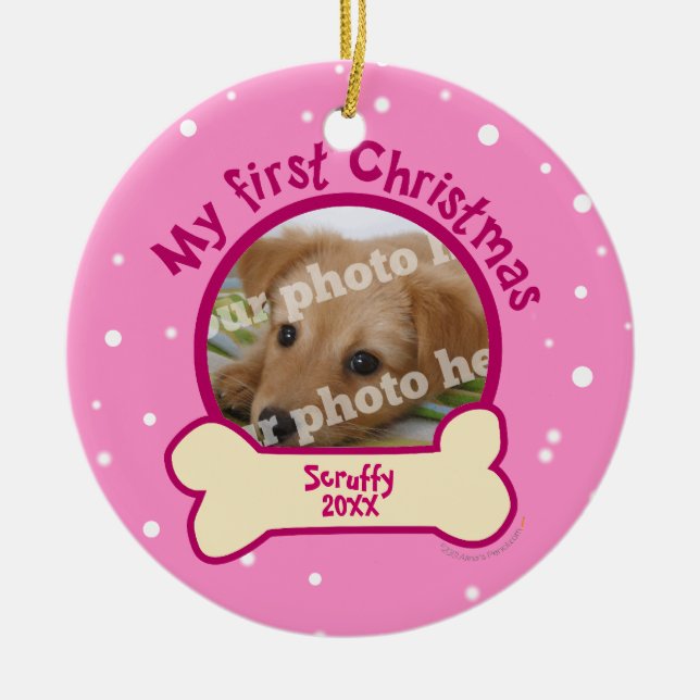 Pink My First Christmas Personalized Photo Dog Ceramic Ornament (Front)