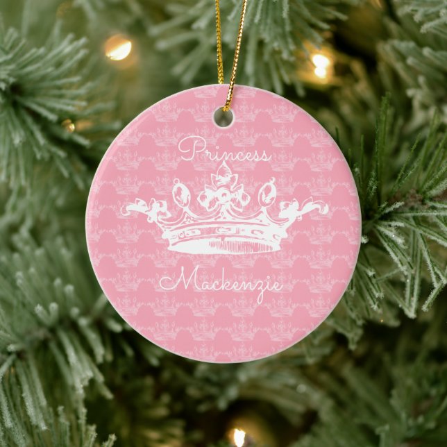 Pink-n-White Vintage Princess Crown Personalize It Ceramic Ornament (Tree)
