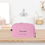 Pink name monogram dopp kit<br><div class="desc">A light pink background, black and golden text.
Personalize and add your first name, monogram initials and full name.</div>