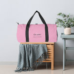 Pink name monogram duffle bag<br><div class="desc">A light pink background,  black and golden text.  
Personalize and add your first name,  monogram initials and full name.</div>