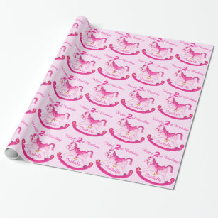 Pink named rocking horse 2nd birthday pattern wrap wrapping paper