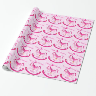 Pink named rocking horse 3rd birthday pattern wrap wrapping paper