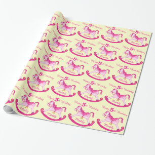 Pink named rocking horse 5th birthday pattern wrap wrapping paper