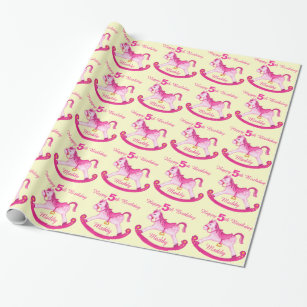 Pink named rocking horse 5th birthday pattern wrap wrapping paper