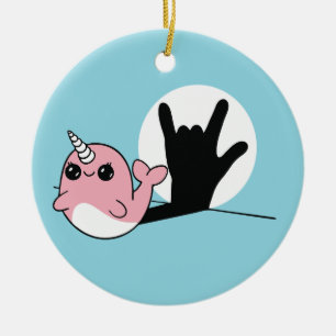 Pink Narwhal ASL I Love You – Deaf Culture Design Ceramic Ornament