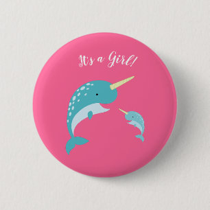 Pink Narwhal Baby Shower 2 Inch Round Button