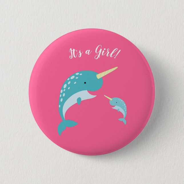 Pink Narwhal Baby Shower 2 Inch Round Button (Front)