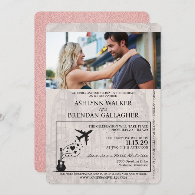 Pink Nashville Passport Wedding Invitation (Front/Back)