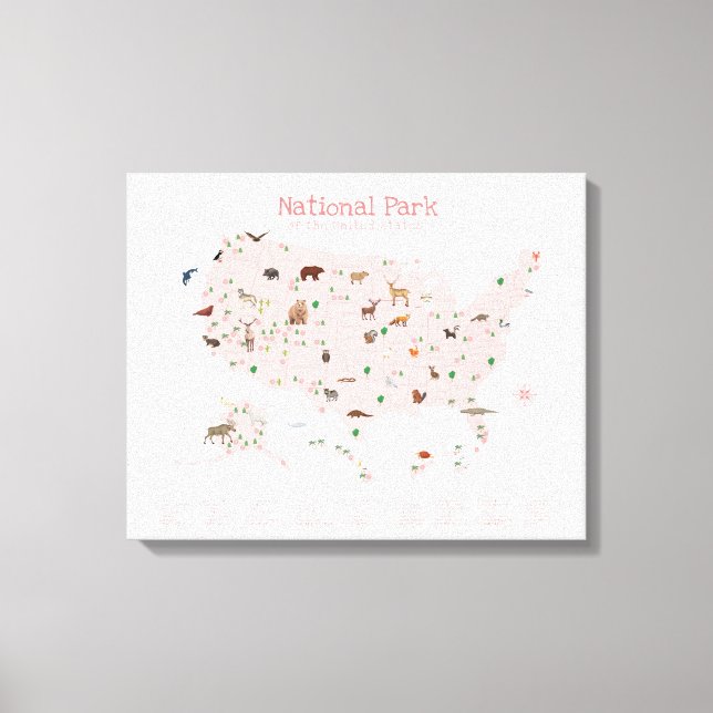 Pink National Park Map Woodland Nursery  Canvas Print (Front)