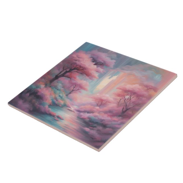 Pink Nature Forest AI art  Tile (Side)